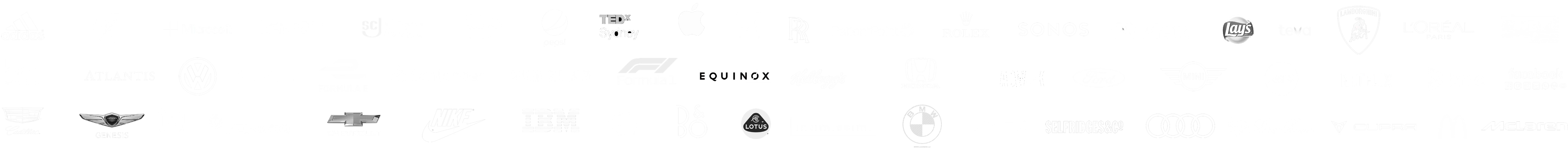 Client logos including Genesis, Volkswagen, Formula 1, TEDx, Equinox, BMW, Audi and more